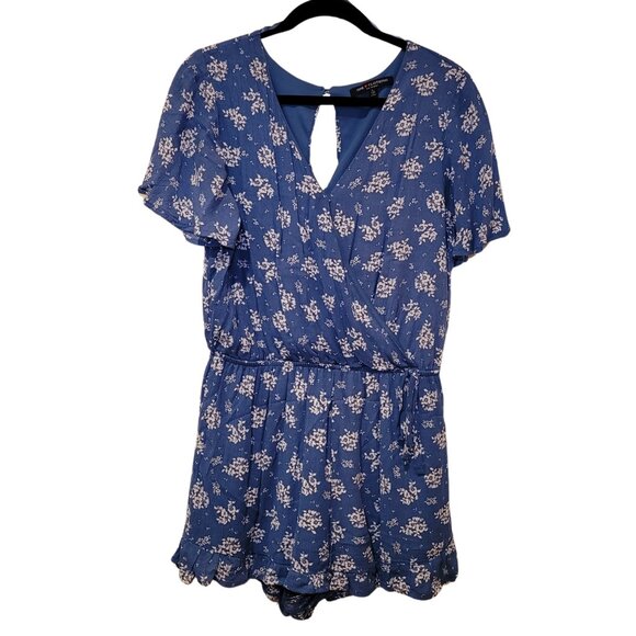 Lined Blue Floral Wrap Front Short Sleeve Romper Shorts Size Large - Picture 3 of 6